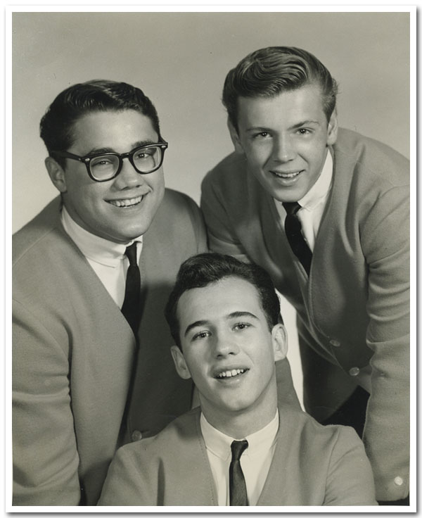 The folk music years: '63/'64 with The Milestone Trio and class buddies Jim Cunningham (top left) and Dave Leonards (top right)