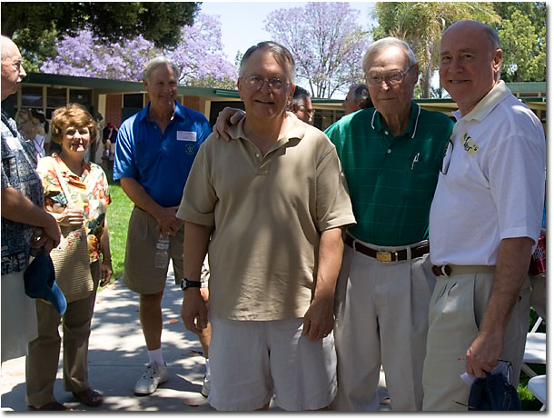 Mike Lewis, John Callard (Retired Teacher) & Walt Unger Say Cheese While<br>Ron Bihner, Betty (Cadwell) Barry & Jim Garon Look On
