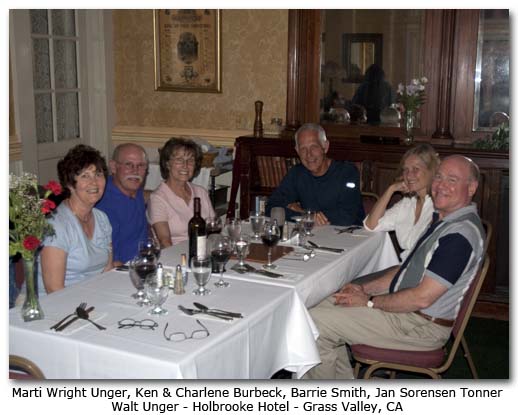 Marti Wright Unger, Ken and Charlene Burbeck, Barrie Smith, Jan Sorensen Tonner, Walt Unger - Holbrooke Hotel, Grass Valley, CA